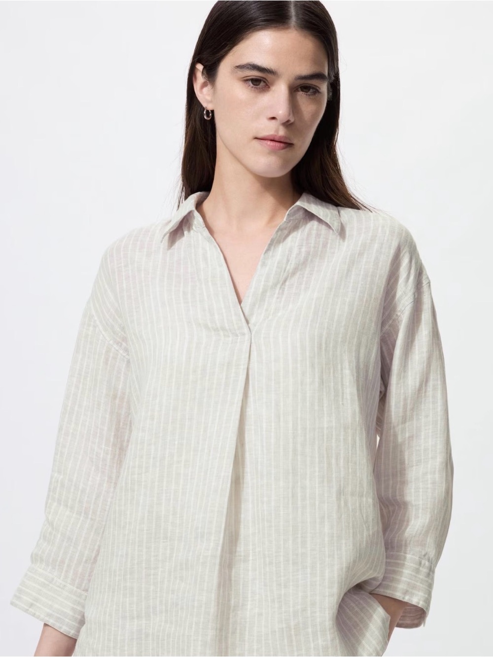 Uniqlo Premium Linen Skipper Collar 3/4 Sleeve Striped V-neck Shirt Blouse M